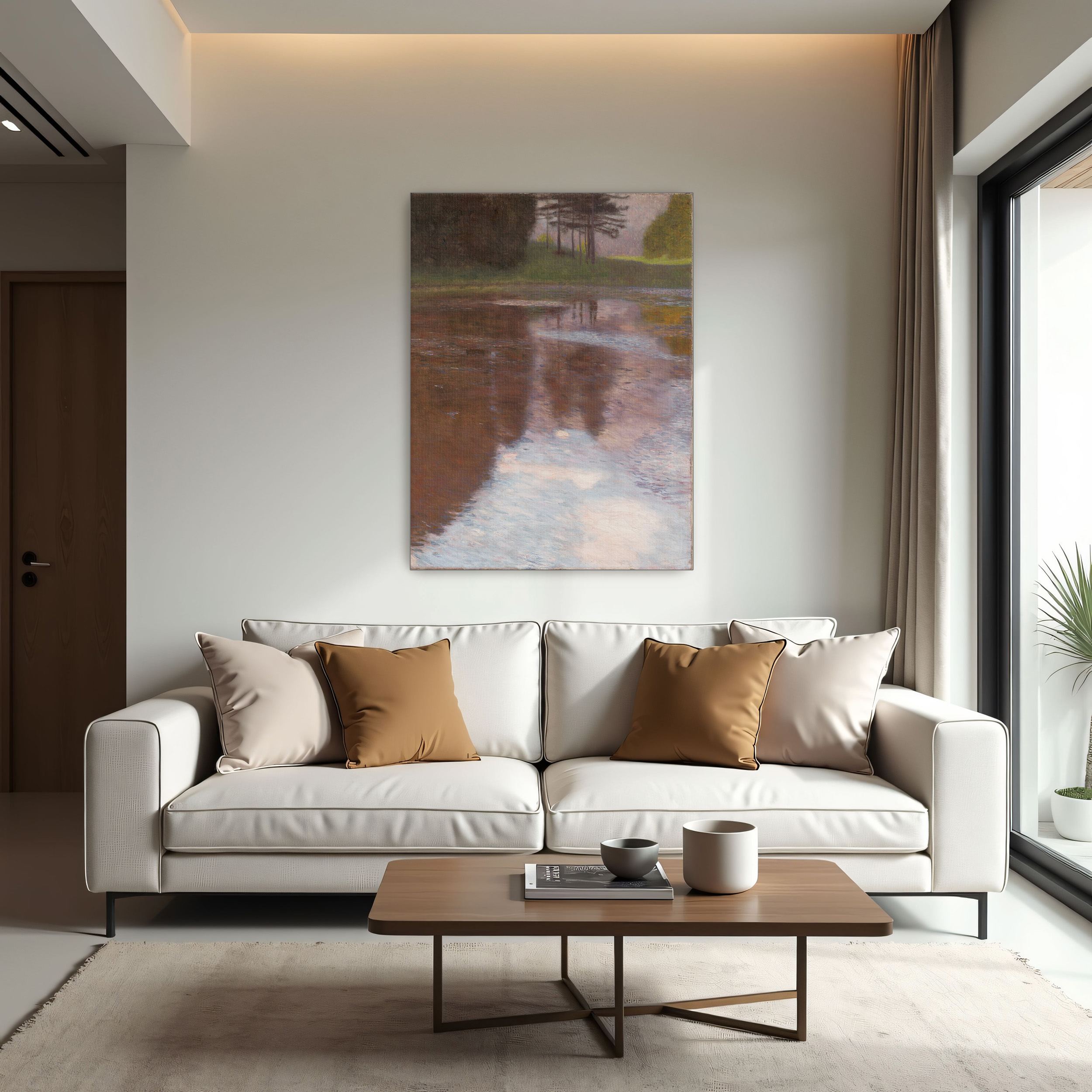 Tranquil Pond by Gustav Klimt as a print on a wall, room view 1