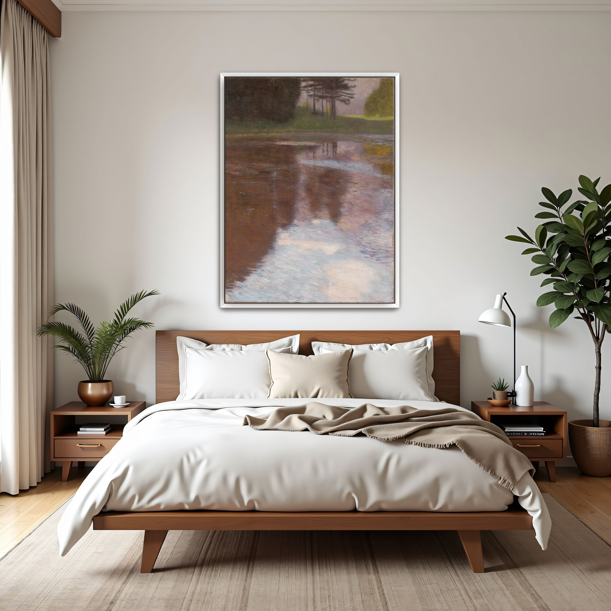 Tranquil Pond by Gustav Klimt as a print on a wall, room view 3
