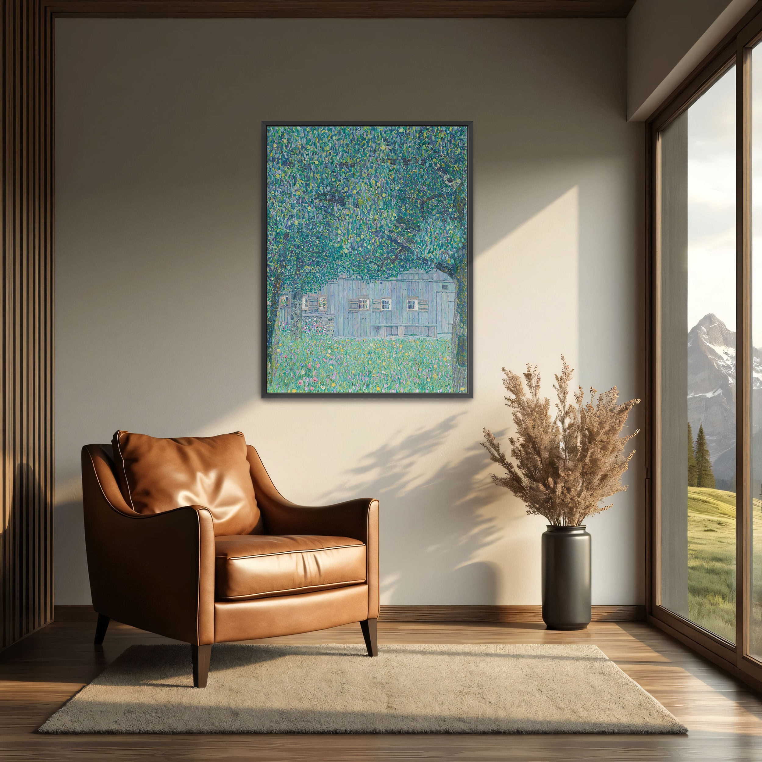 Farmhouse in Buchberg by Gustav Klimt as a print on a wall, room view 2
