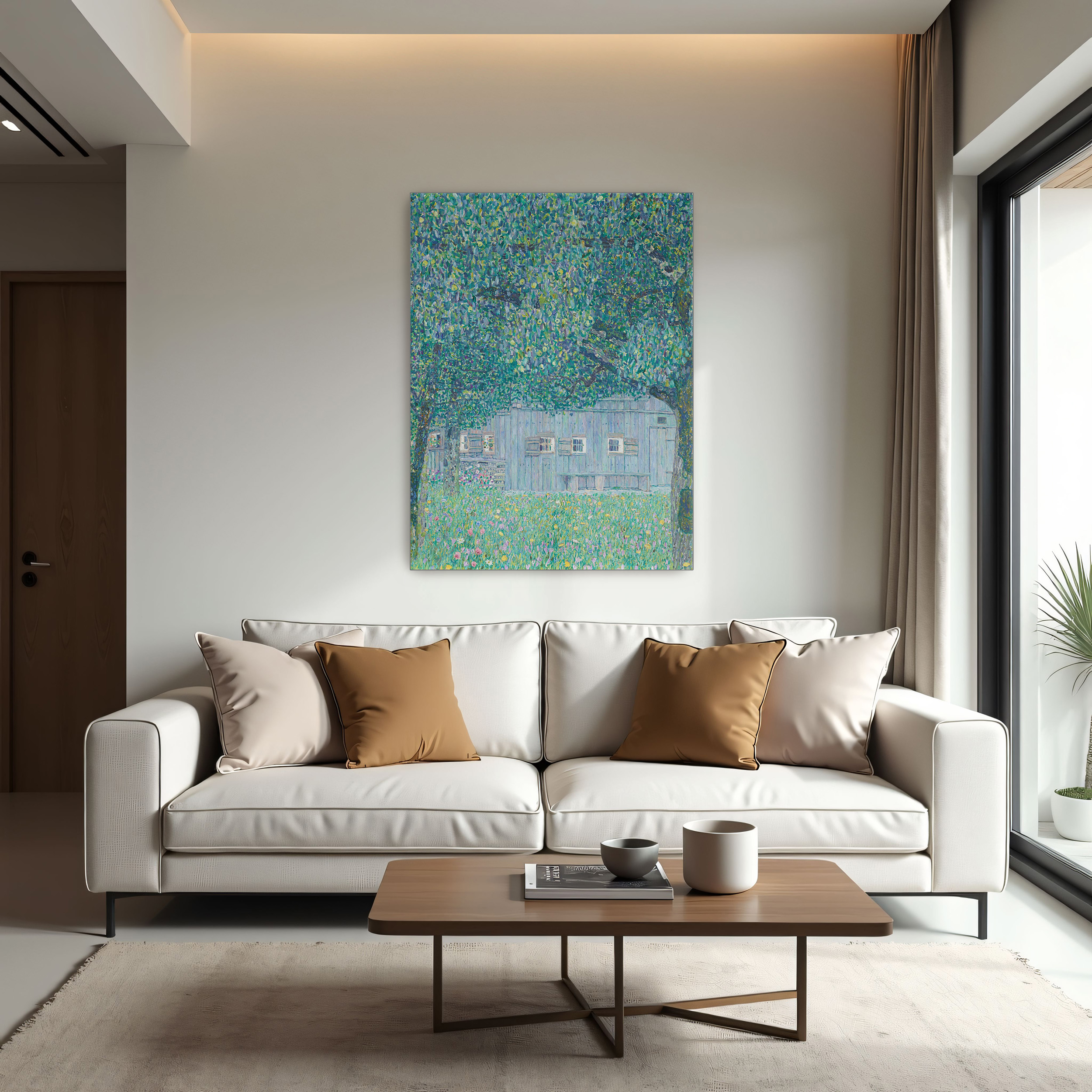 Farmhouse in Buchberg by Gustav Klimt as a print on a wall, room view 1