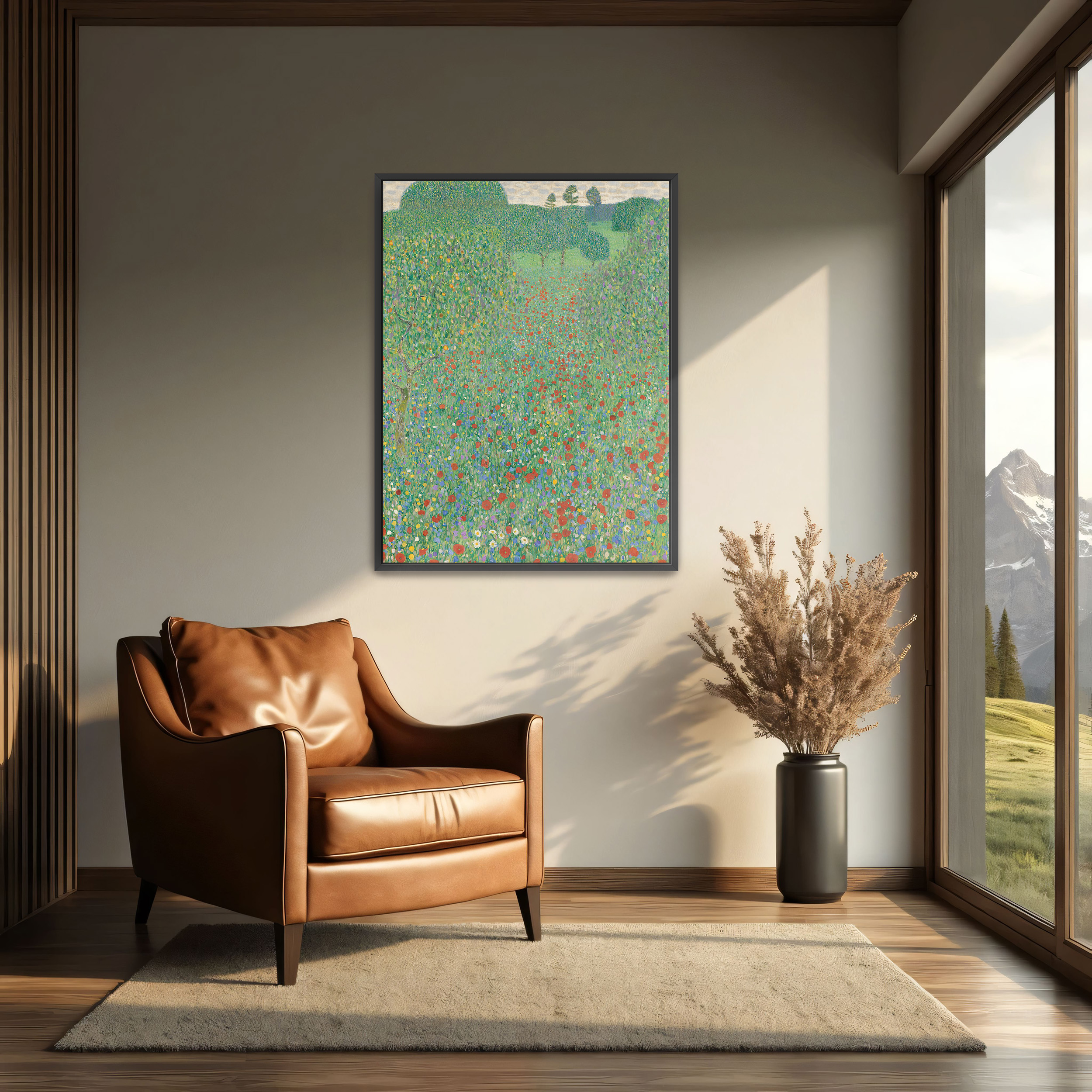 Poppy Field by Gustav Klimt as a print on a wall, room view 2