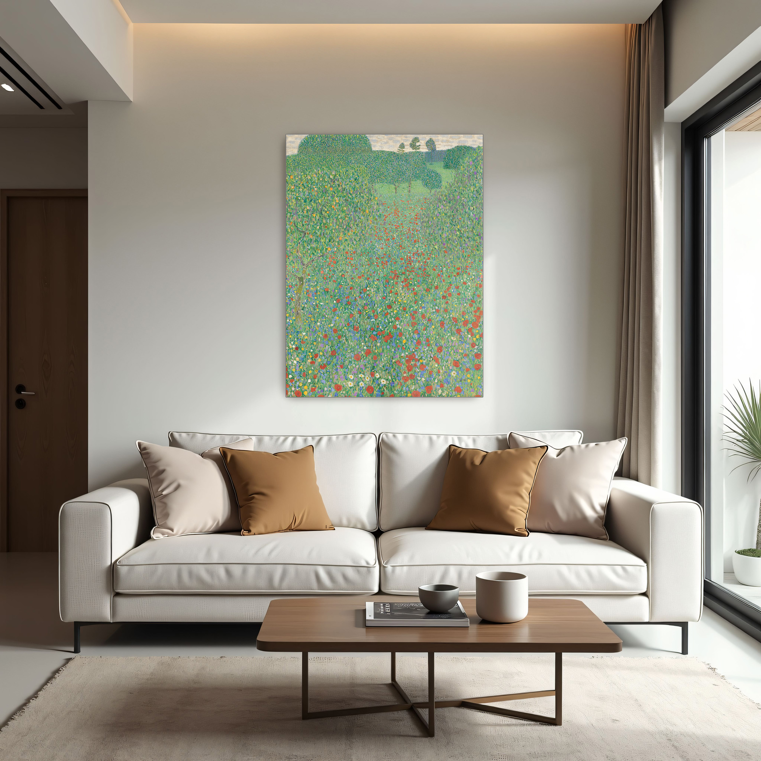 Poppy Field by Gustav Klimt as a print on a wall, room view 1