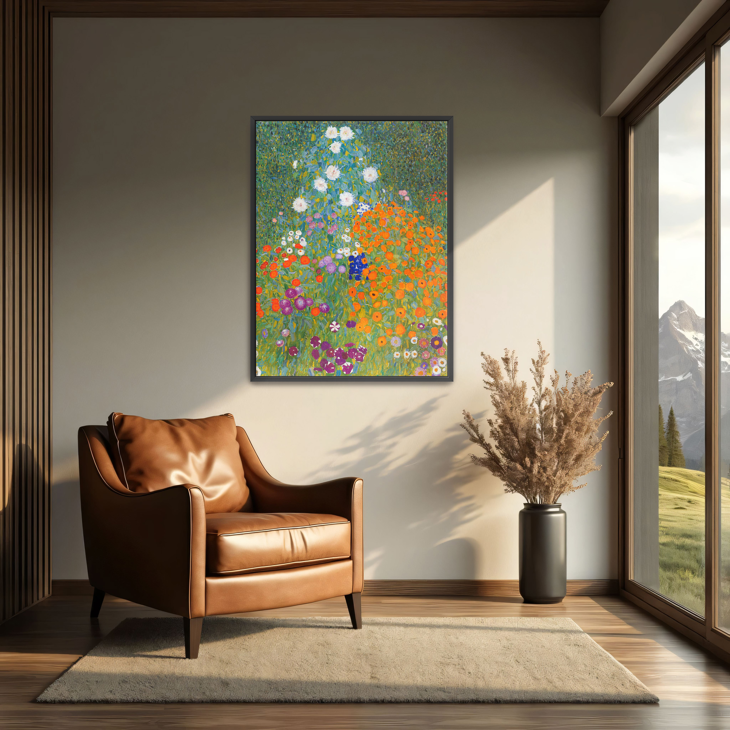 Flower Garden by Gustav Klimt as a print on a wall, room view 2