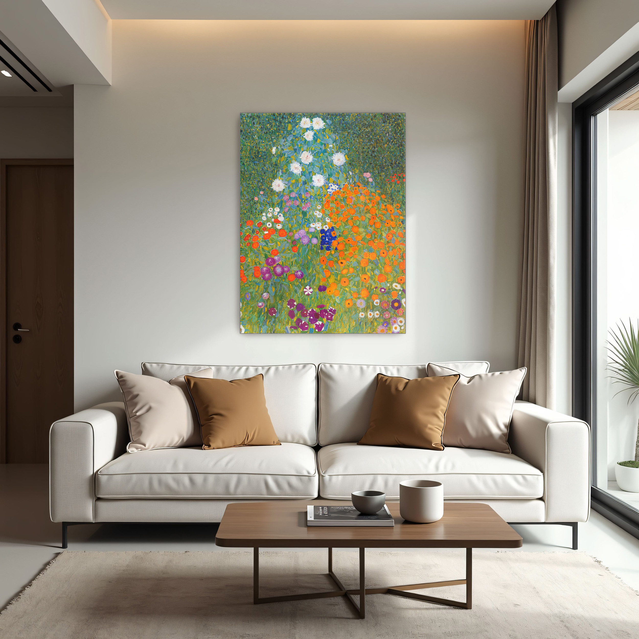 Flower Garden by Gustav Klimt as a print on a wall, room view 1