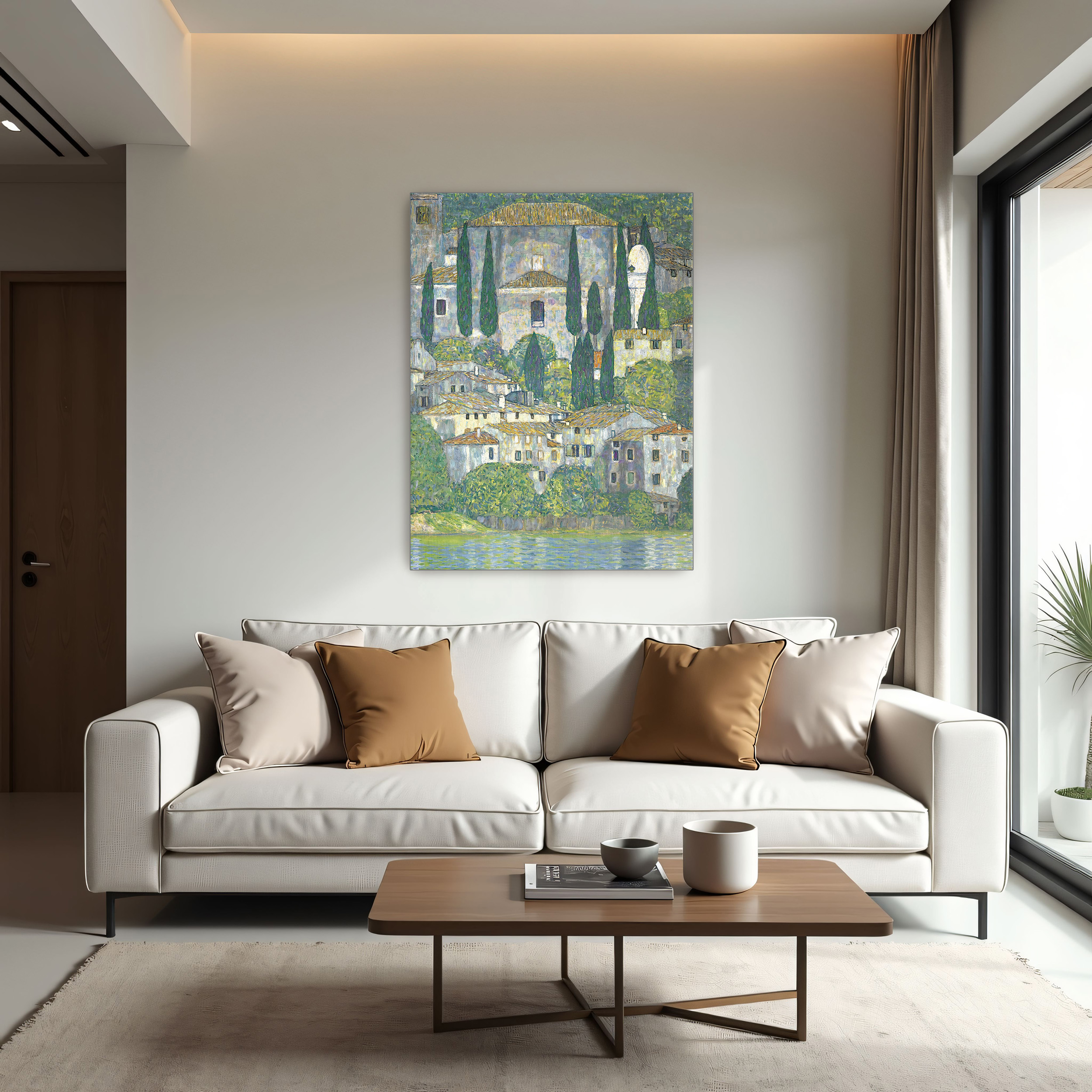 Church in Cassone by Gustav Klimt as a print on a wall, room view 1