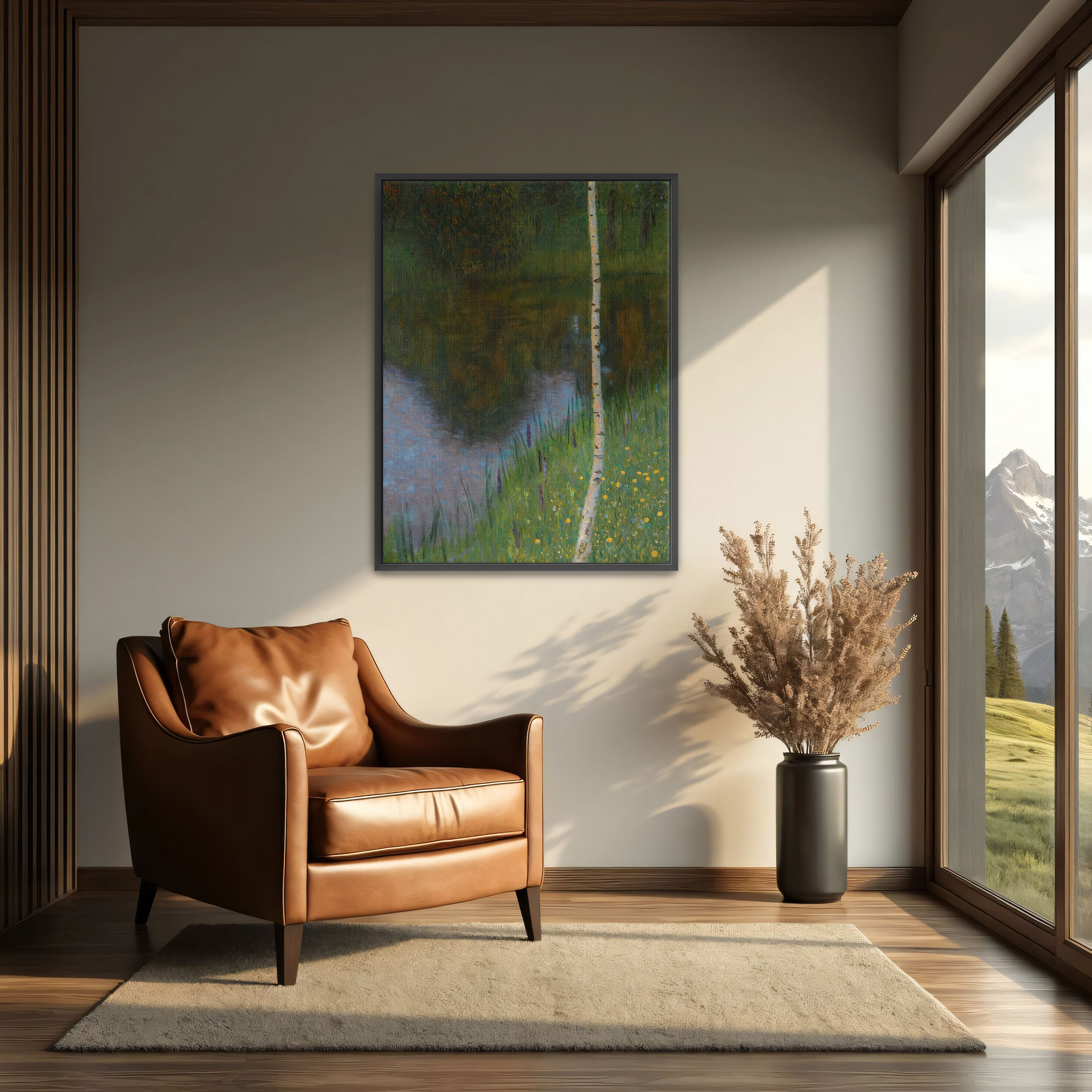 Lakeshore with Birches by Gustav Klimt as a print on a wall, room view 2