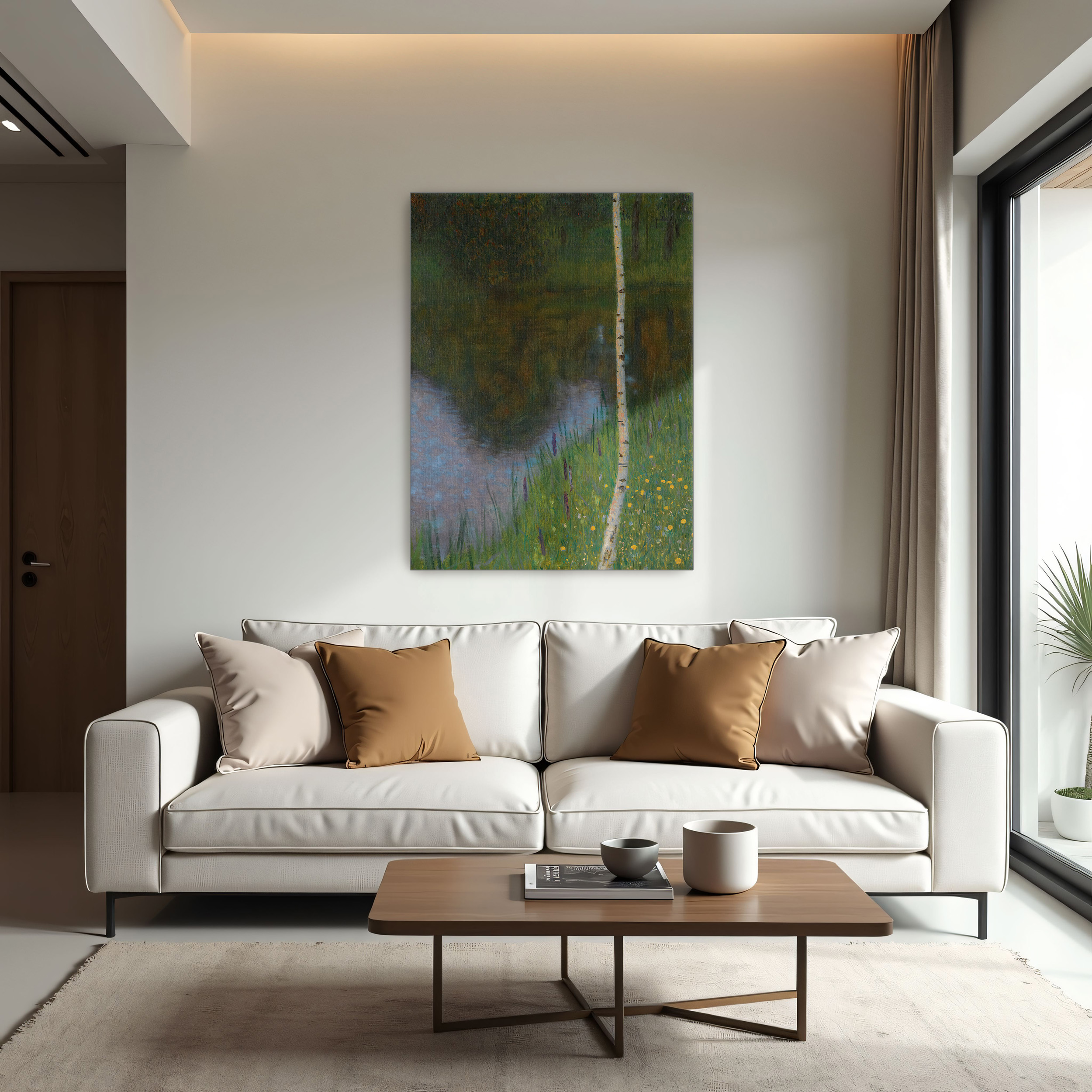 Lakeshore with Birches by Gustav Klimt as a print on a wall, room view 1