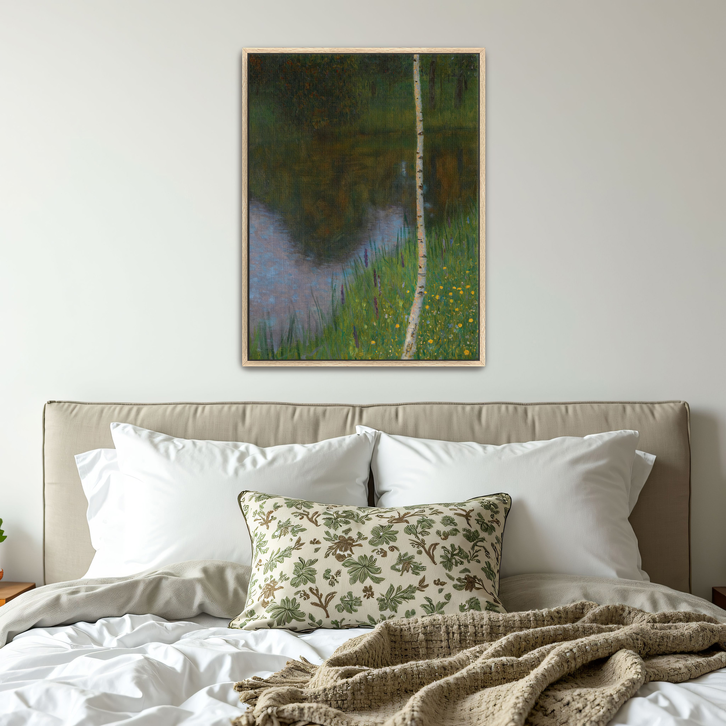 Lakeshore with Birches by Gustav Klimt as a print on a wall, room view 4