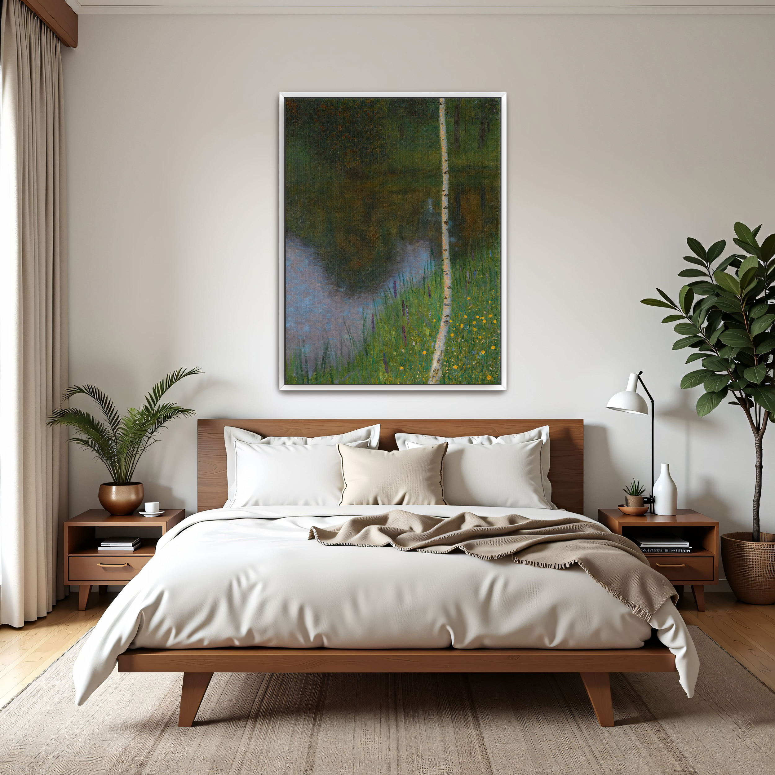 Lakeshore with Birches by Gustav Klimt as a print on a wall, room view 3