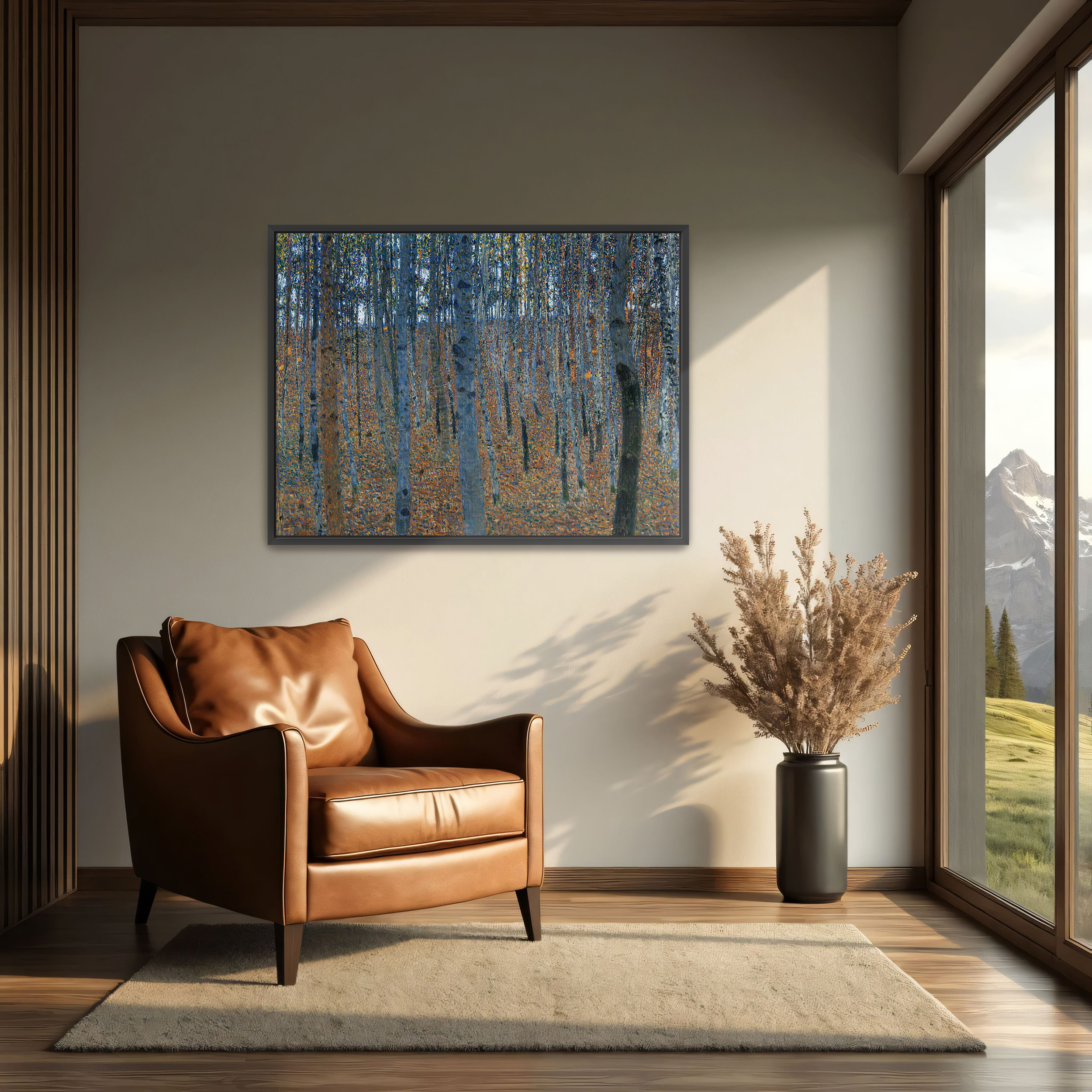 Beech Grove I by Gustav Klimt as a print on a wall, room view 2