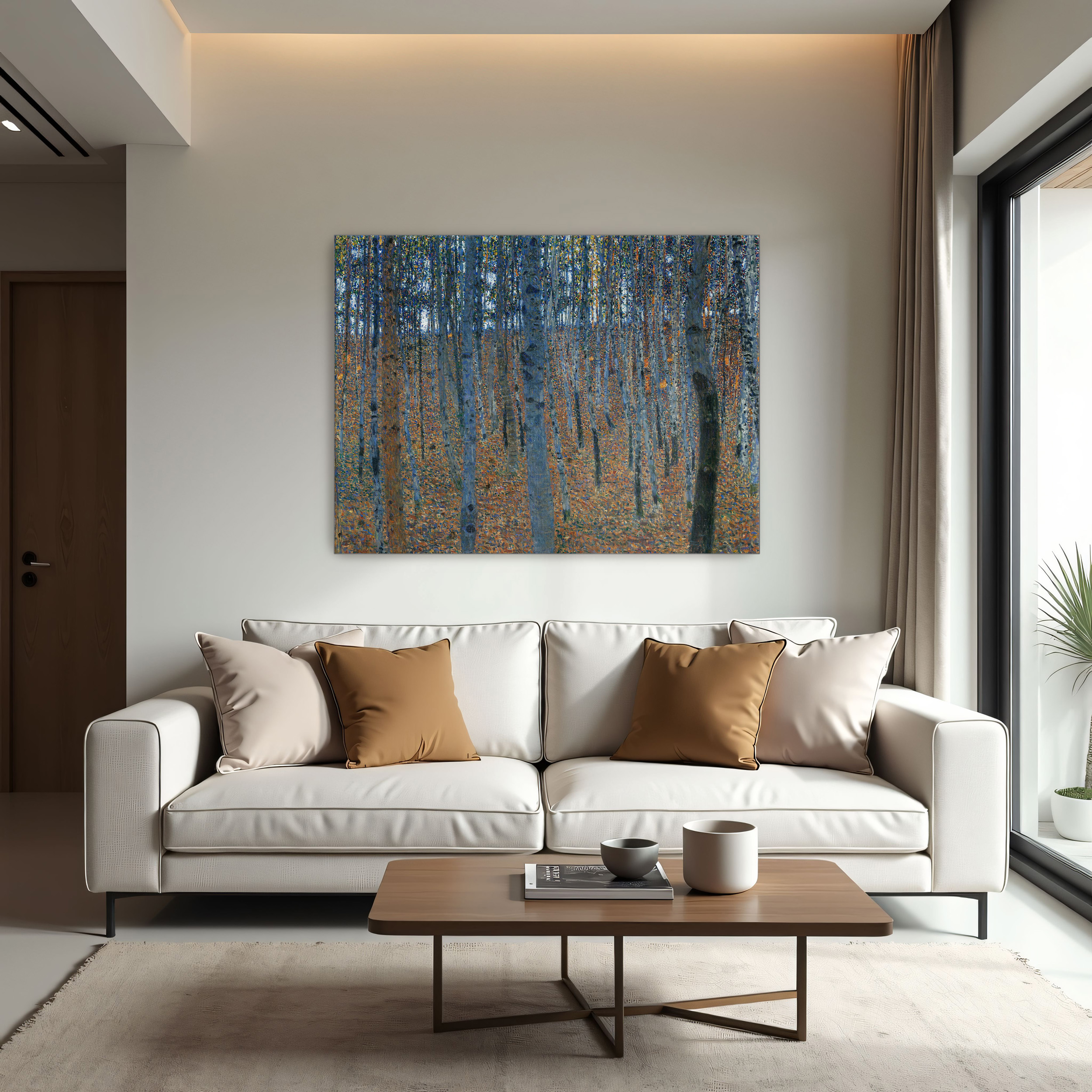 Beech Grove I by Gustav Klimt as a print on a wall, room view 1
